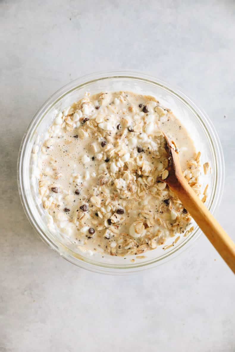 Cottage cheese overnight oats in a glass bowl