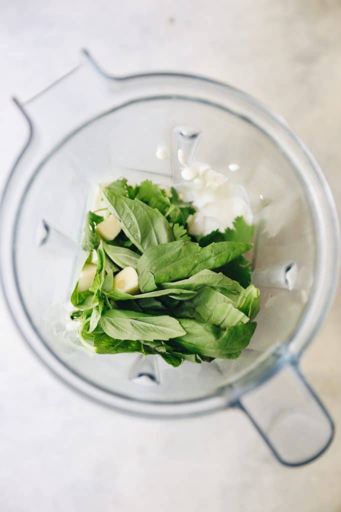green goddess dressing ingredients in a blender.