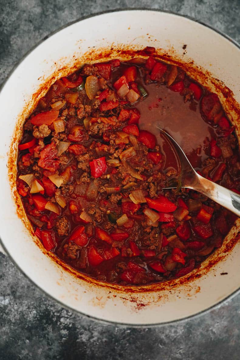 No Bean chili in a large soup pot.