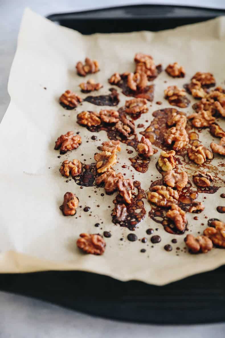 candied walnuts on a baking sheet.